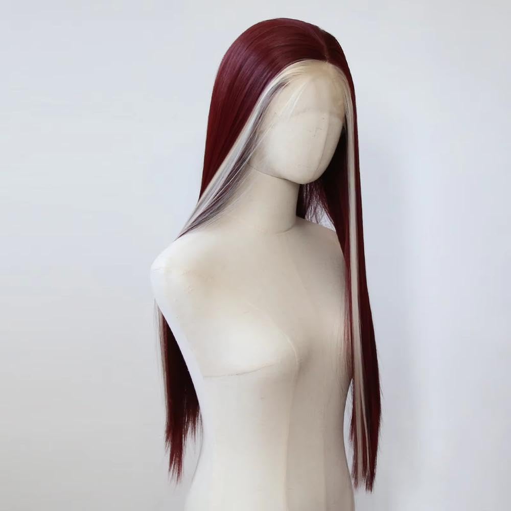Haarpflege Platinblonde Highlights Dunkelrote Lange Gerade Spitzenfront Perücke Vorgezupfter Natürlicher Haaransatz
