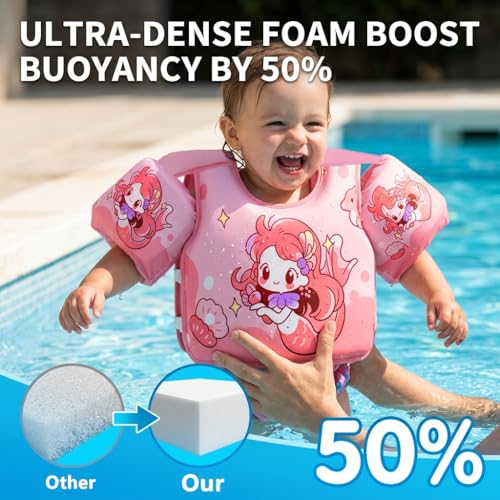 Image of Proberos Kids Swim Float Vest Non-Inflatable Swim Buoyancy with Arm Floats Adjustable Toddler Swim Aid Foam Inserts Buoyancy, Cartoon Swimming Training Polyester Jacket for Pool Water Learning