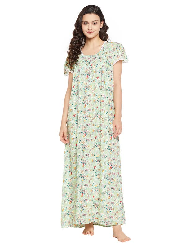 clovia Women's Rayon Print Me Pretty Long Night Dress in Green-picture-22