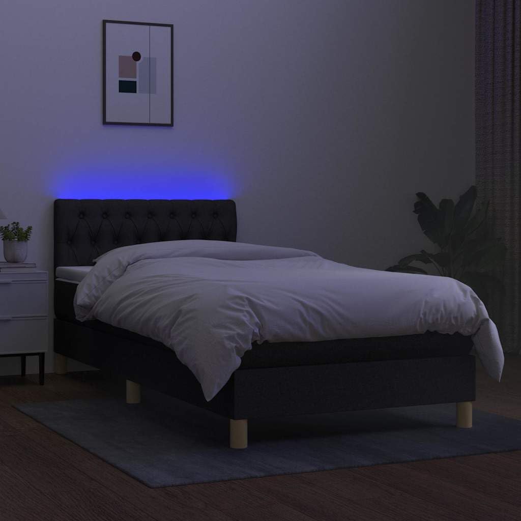 tkanina z regulowanym zagłówkiem LED 90x190 cm czarny | Łóżko kontynentalne z materacem i LED, czarne, 90x190 cm, tkanina, zagłówek regulowany