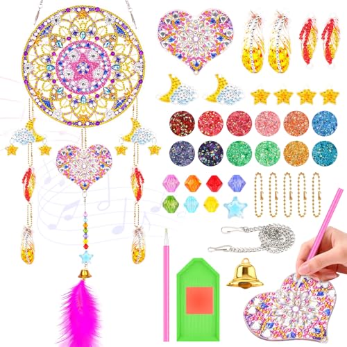 MFUSUL Diamond Painting Traumfänger Bastelset Windspiel mit Kristallen & Federn Hängende Deko für Zimmer Fenster Balkon und Garten DIY Kreativ Bastelset