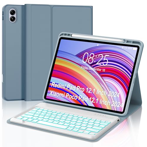 Image of Keyboard Case for Redmi Pad Pro / Xiaomi Poco Pad 12.1 Inch Case with Backlit Keypad, Detachable Wireless Key Board Cover with Pen Holder for Xiaomi Redmi Pro 12.1 inch 2024, 7-Color Backlight, Blue
