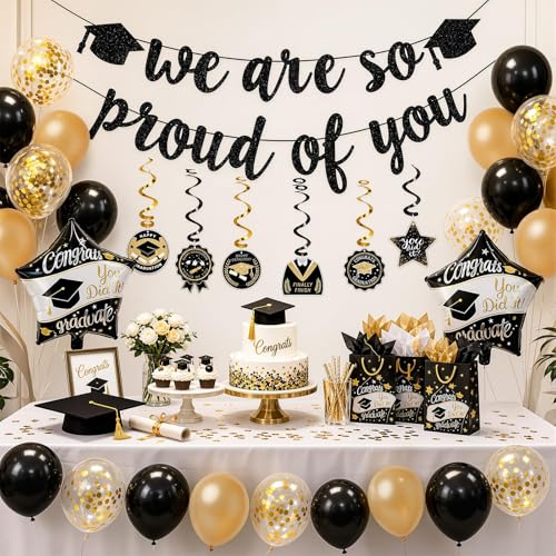 OLANRUN Graduation Decorations Graduation Decorations 2026 with We Are So Proud of You Graduation Banner 20Pcs Balloons & 6Pcs Congrats Hanging Swirls Class of 2026 for High School College Party