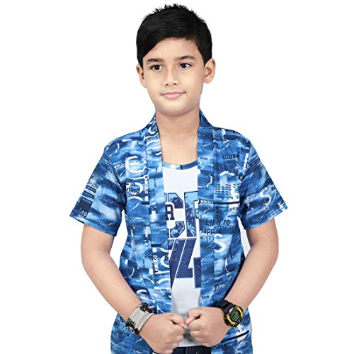 Image of Boy's Half Sleeve Cotton White Printed T-Shirt with Blue Jacket Shrug Look Smart and Comfortable for Any Casual and Festive Purpose (13-14 Years)