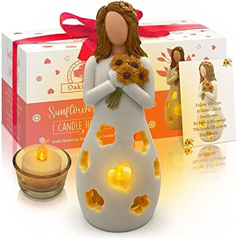 Oakiway Sunflower Gifts for Women - Sunflower Girl Candle Holder W/Flickering LED Candle, Birthday Sunshine Daisy Fun Gifts for Her, Mom,Bestfriend, Friendship, Decorations for Home, Kitchen Decor Cover