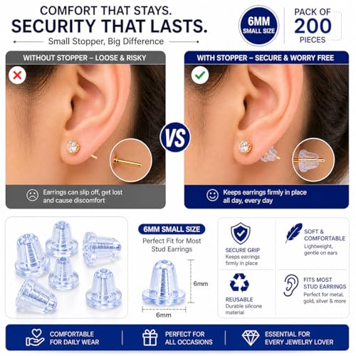 Image of Small Earring Back Stopper (200 Pcs) - Secure Earring Backs for Studs, Earrings Back Stopper, Silicone Earring Back Stopper, Earring Safety Backs & Ear Lobe Support