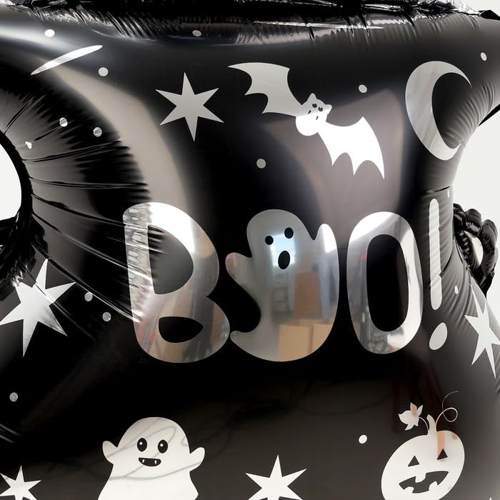 Image of AMFIN (Pack of 1) 44 Inch Halloween Boo! Balloon Giant Self-Standing Foil Cauldron Balloon with Ghost & Pumpkin Design - Inflatable Party Decoration for Haunted House, Yard & Photo Booth - Black