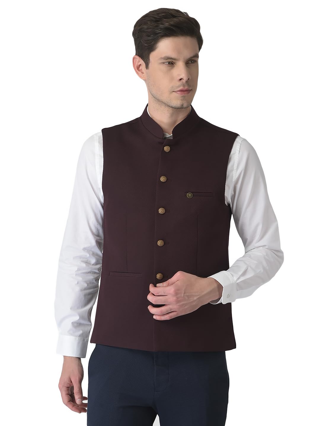 turtle Men Poly Cotton Brown Dobby Print Formal Nehru Jacket-picture-42