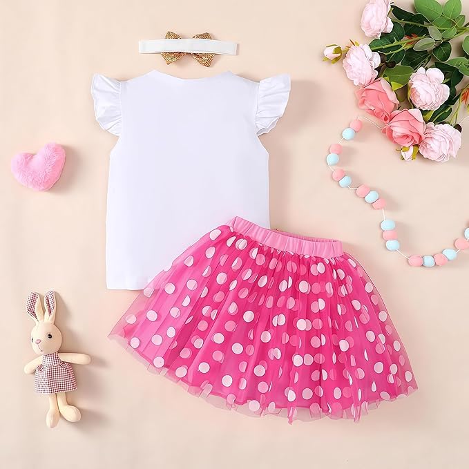Baby girl 1st birthday outfit Birthday printed one-piece top + ballet skirt + headband 3-piece set of clothes3