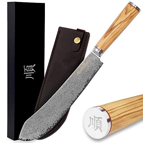 YOUSUNLONG Messer brechen Bull Nose Pro Metzgermesser 10 Zoll Japanischer VG10 gehämmerter Damaststahl italienischer Olivenholzgriff mit Lederscheide Cover