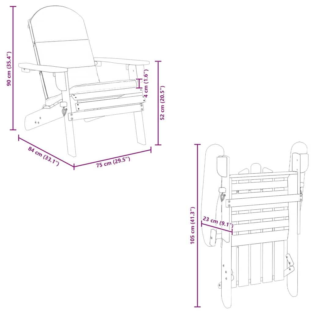 vidaXL Chaise de Jardin Adirondack avec Coussins, Fauteuil Pliable avec Dossier, Siège avec Accoudoirs, Chaise Longue de Terrasse Patio, Bois Massif d'Acacia