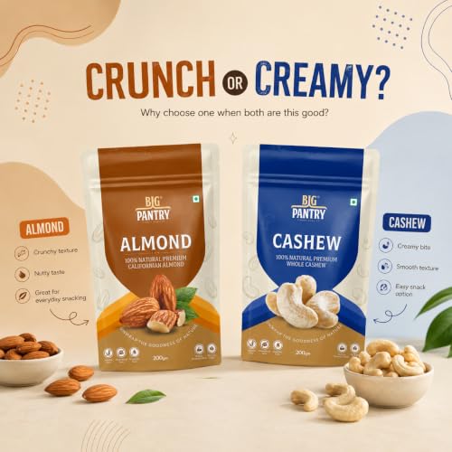 Image of BIG Pantry Rakhi Dry Fruits Gift Combo Pack - Premium Whole Cashews & California Almonds, 200g Each | Healthy Raksha Bandhan Gift Hamper for Brother, Sister & Family | Total 400g