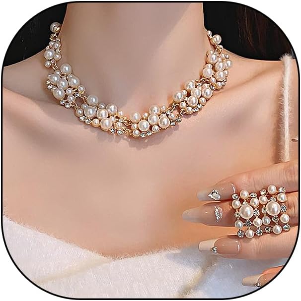 GIGB PBDK Chunky Pearl Statement Jewelry Set for Women,Dainty Pearl Cluster Choker Sparkly Rhinestone Collar Necklace Earrings Wedding Jewelry Bridal Bridesmaid