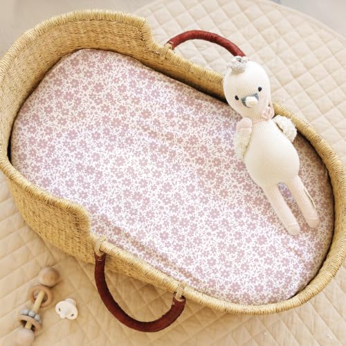 Image of Baby Bassinet Sheets Girl (Antique Rose) 2-Pack - Fitted Bedside Bassinet Sheets - Buttery Soft Cotton Blend for Standard Mattress Pad - Compatible with Halo BassiNest