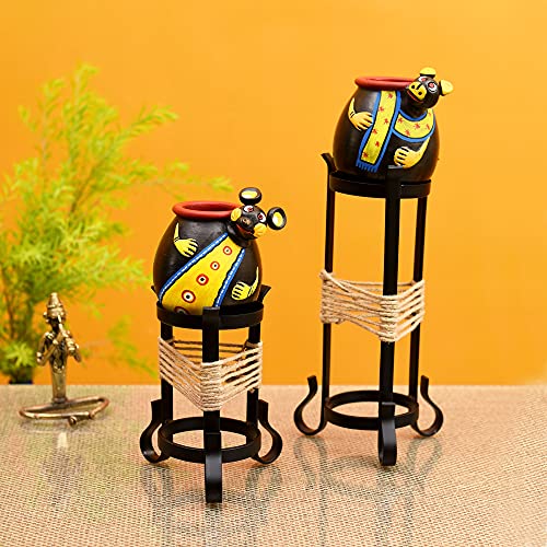 Image of AAKRITI ART CREATIONS Animal Heads Multipurpose Pots with Metal Stands | Set of 2 Decorative Planters | Black & Yellow Modern Art Pots | Matte Finish Home Decor Items for Table Decor & Gifting