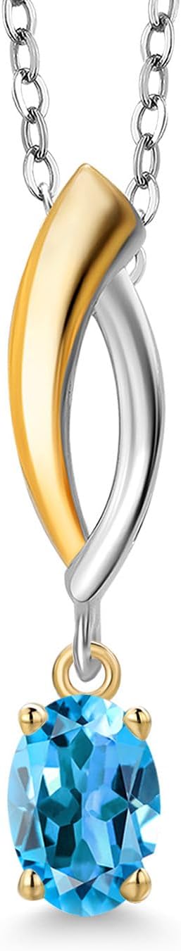 Gem Stone King 925 Silver and 10K Yellow Gold Swiss Blue Topaz Pendant Necklace for Women | 0.55 Cttw | Gemstone November Birthstone | Oval 6X4MM | With 18 Inch Silver Chain