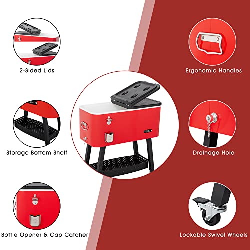 Creole Feast Cl8001R 80-Quart Premium Rolling Cooler, Portable Cold Drink Beverage Cooler Cart For Outdoor Patio, Tailgating, Poolside Bbq Party, Red #TOP5