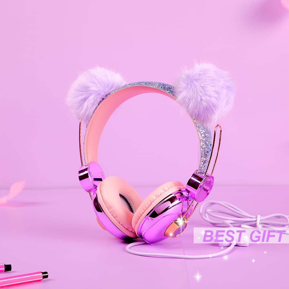 CHTON Cuffie per bambini per ragazze, graziose cuffie a forma di orso, con microfono, jack da 3,5 mm, per scuola/viaggio/iPad/tablet (viola)