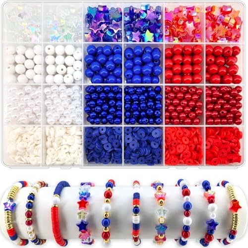 1938Pcs Red White Blue Beads Kit 4th of July Patriotic Clay Beads Star Beads Round 6mm Pearl Beads for Jewelry Making Independence Day Polymer Clay Beads Heishi Beads for Necklace Bracelets Earrings