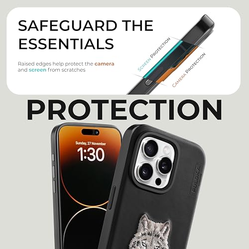 Image of PULOKA - Mobile Cover Compatible for iPhone 15 Pro Max - Wolf Embroidery - Sleek & Stylish - Protective & Anti Scratch Phone Cover Vegan Leather Back Case - Men & Women - Black