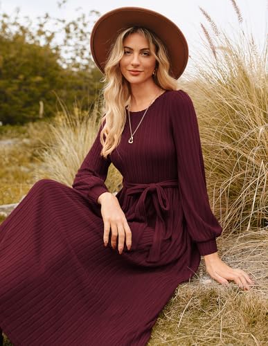 GRACE KARIN Womens Winter Sweater DressLong Sleeve, Crewneck Midi Dresses Tie Waist, Ribbed Knit Fall Outfits Wine Red Size M3