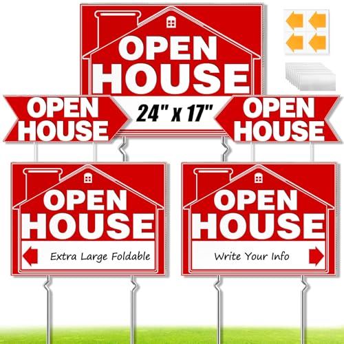 Cyrico Open House Signs for Real Estate 3 Pcs Extra Large 24 x 17 and 2 Pcs 17 x 6 Open House Signs with Metal Stakes and Arrow Sticker Waterproof Double Sided Yard Sign for Agents Property Sale