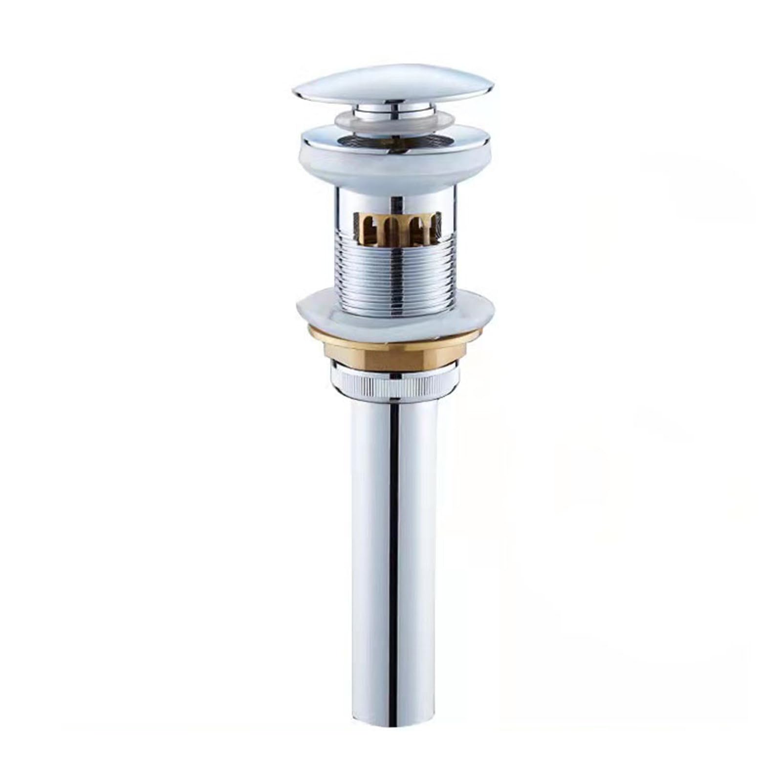 Scarico universale per lavabo con troppopieno, scarico in ottone, finitura cromata, controllo dell'acqua facile da pressare, perfetto per bagni moderni e rinnovamenti eleganti