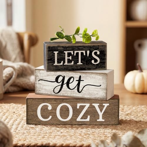 Image of Moucuny 4 Pcs Farmhouse Table Decor Inspirational Wooden Signs Rustic Eucalyptus Leaves Wooden Block Sign Gift Let's Get Cozy Farmhouse Table Centerpiece for Living Room Housewarming Gift