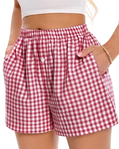 Image of Women Boxer Shorts Summer Gingham Pj Casual Plaid Bottoms with Pocket