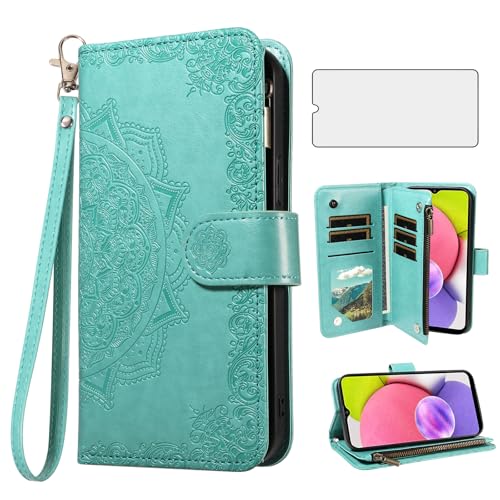 Coque Samsung A03s anti-choc avec porte-carte et verre trempé inclus au motif floral vert