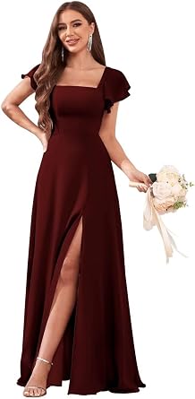 Bolodoo Womens Short Sleeve Bridesmaid Dresses for Wedding Empire Waist A Line Chiffon Long Formal Dresses with Slit