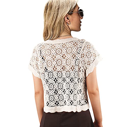Image of Women Cardigan Hollow Out Floral Cardigans White Crochet Shrugs
