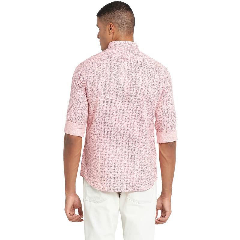 Image of Turtle Men Pink Cotton Linen Printed Slim Fit Casual Shirts