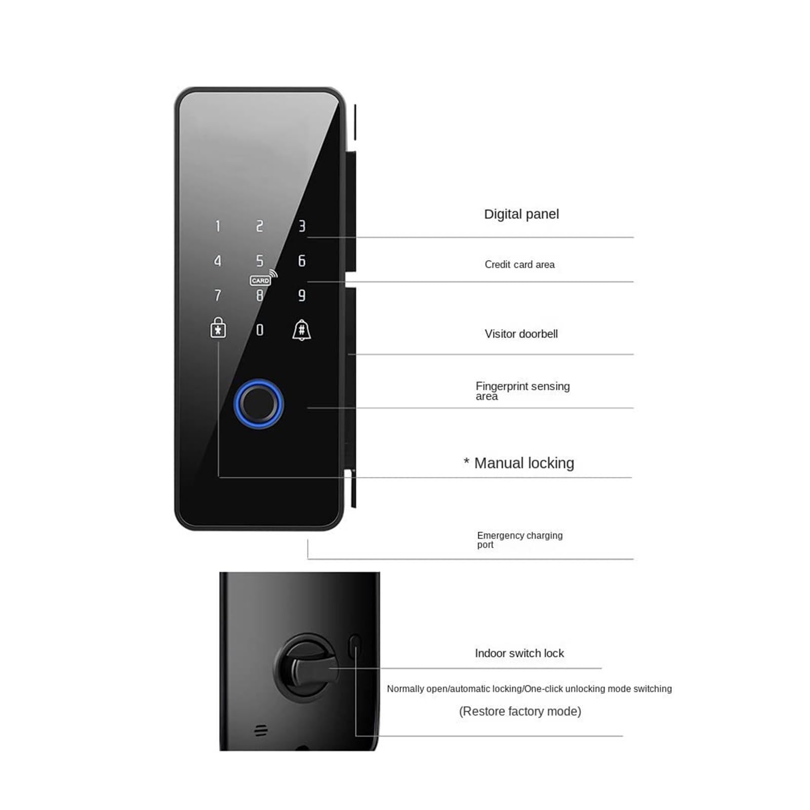 Serrure connectée Serrure de porte intelligente coulissante, serrure électronique sans clé, serrure de porte en verre à empreintes digitales, idéale for le bureau et la maison