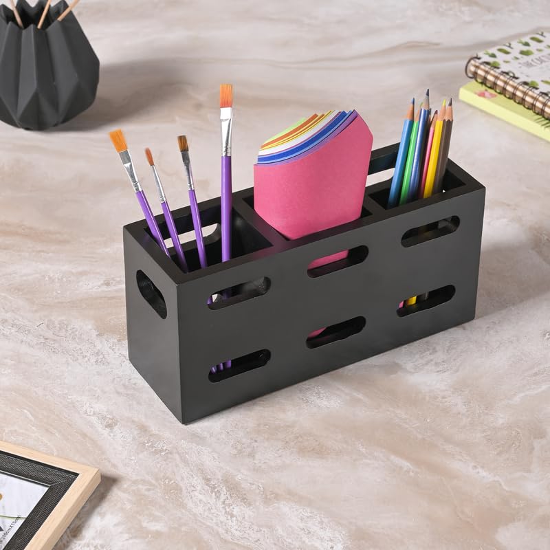 Image of Wooden Cutlery Holder for Kitchen - Cutlery and Tissue Holder for Dining Table | Spoon and Fork Organizer with Ventilated Design | Perfect for Gifting - Black