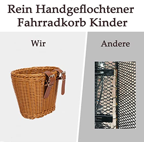 Fahrradkorb Kinder, Fahrradkorb Geflochten für Mädchen und Kinder vorne, Fahrradkörbchen Kinder aus Kunststoff, mit Lederriemen, dekorativ, abnehmbar (Braun)
