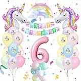 Cumpleaños de niña bebé unicornio: El juego de decoración de fiesta de cumpleaños de unicornio incluye: 2 * enormes globos macaron de unicornio; 1 * globo de unicornio arcoíris; 1 pancarta de feliz cumpleaños. Globo de látex macaron de 37 * 12 pulgadas; 12 globos con estampado de unicornio; 1 globo de 40 pulgadas 6 años; 1 * cinta