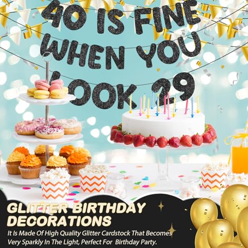 Image of Fulmoon Pre Strung 40 Is Fine When You Look 29 Banner Glitter Happy 40th Birthday Banner Funny 40th Birthday Sign 1986 Party Decorations for Men Women(Black)