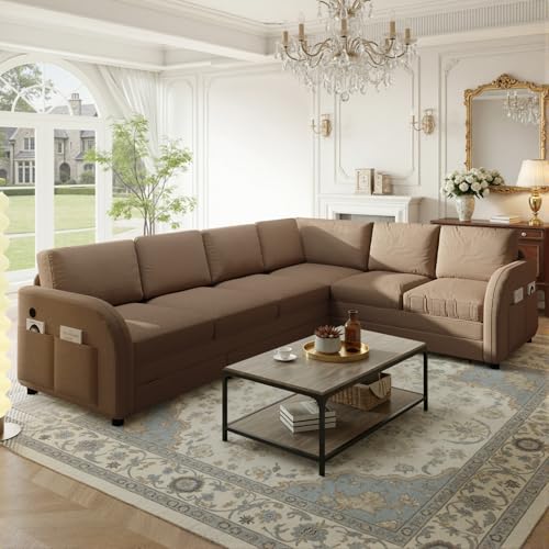Image of KCGKCG 115.2 inch L Shaped Couch Bed, Sectional Couches for Living Room, Teddy Fabric Sleeper Sofa Bed with Pull Out Couch, Convertible Sectional Couch with Charging Station & Side Pocket, Brown