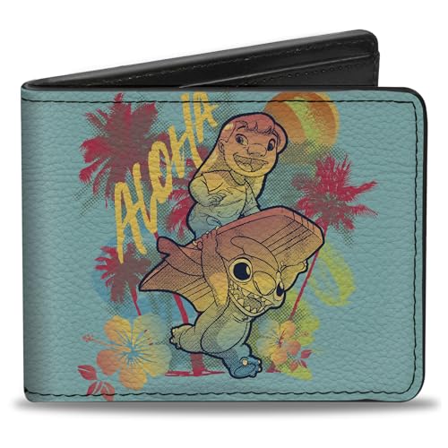 Buckle-Down Disney Wallet, Bifold, Lilo and Stitch Aloha Catching Waves Poses Blue Multi Color, Vegan Leather