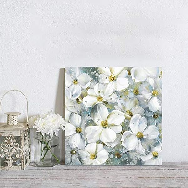 Cuadro floral de arte abstracto de la flor: pintura blanca de arte botánico sobre lienzo para la pared del comedor (24 x 24 x 1 panel)