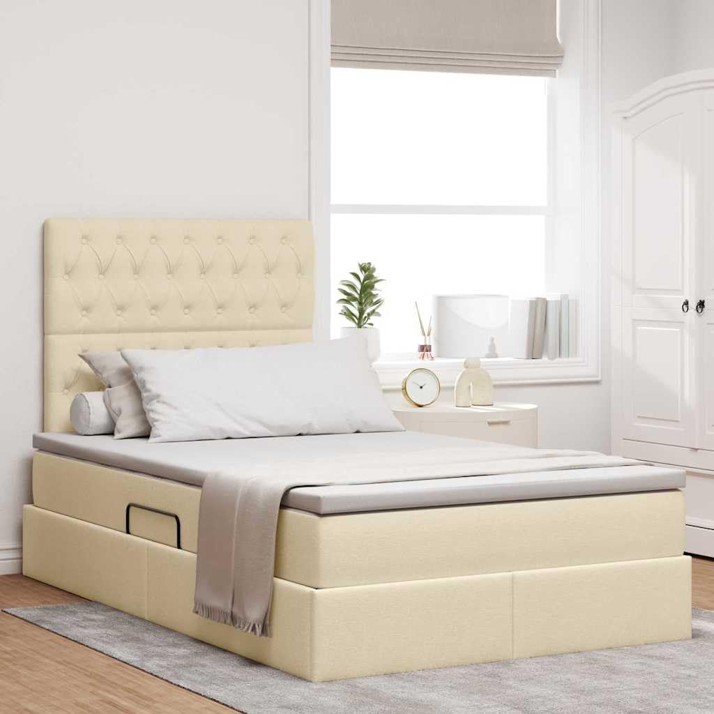 Cama de almacenamiento con colchón crema de 120 x 190 cm, material con marco de metal, cabecero, elevador lateral hidráulico, amplio espacio de almacenamiento y estante para dormitorio