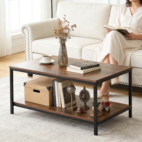 SUPER DEAL 2-Tier Industrial Coffee Table with Storage Shelf for Small Apartment Living Room, Rectangle Wood and Stable Metal TV Stand Side End Table, Rustic Brown - Image 3