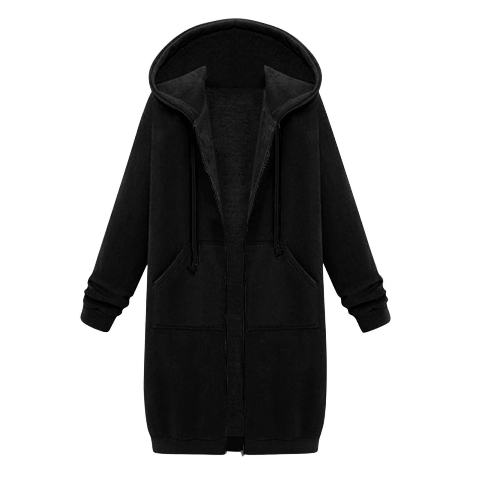 Générique Sweat Long à Capuche Zippé Femme Manteau Automne Hiver Chaud Sweatshirt Uni Rétro Veste Manches Longues Légère Décontractée Pull Comfortable avec Poches Hoodies