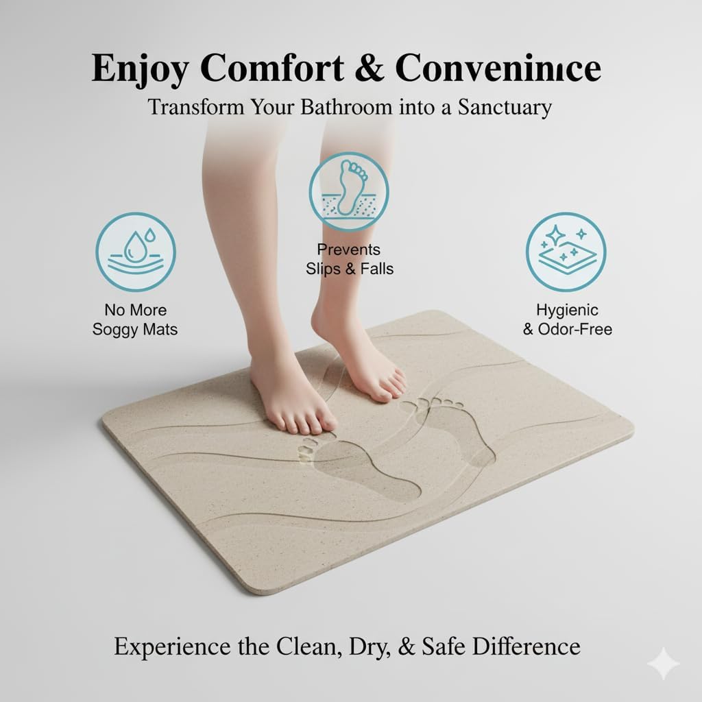 White Stone Bath Mat – Quick Dry Diatomaceous Earth Bathroom Mat, Non-Slip & Absorbent Fast Drying Floor Mat, Easy to Clean, Modern Spa-Style Shower Mat