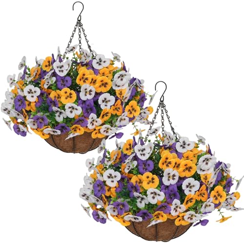 Image of 2 Set Artificial Hanging Flowers with Basket for Outdoor Decor, 24 Pcs Silk Pansy Fake Plants for Garden Porch Patio Balcony Yard Home Decoration