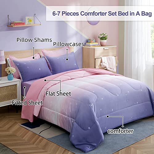 Girls Comforter Set Twin Size 6 Pieces Bed In A Bag Colorful Ombre Pink Purple Rainbow Bedding Set For Kids Teen (1 Comforter, 1 Flat Sheet, 1 Fitted Sheet, 1 Pillow Sham, 2 Pillowcases) #TOP1