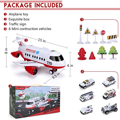 Airplane Toy Kids Plane 15 Inches Large With Light And Sound For 3 4 5 6 7 Year Old Boys Girls Toddlers, Ambulance Aircraft Toy Vehicle Play Set With Traffic Signs And 6 Rescue Trucks #TOP6