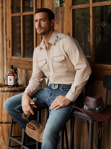 Daupanzees Men's Western Cowboy Shirt Long Sleeve Embroidered Shirt Slim Fit Casual Button Down Shirts with Pockets4