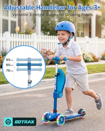 Gotrax KS3 Kids Kick Scooter, LED Lighted Wheels, Adjustable Height Handlebars and Removable Seat, Lean-to-Steer & Widen Anti-Slip Deck, 3 Wheel Scooter for Kids Ages 3+ and up to 110 Lbs (Blue) — view 3